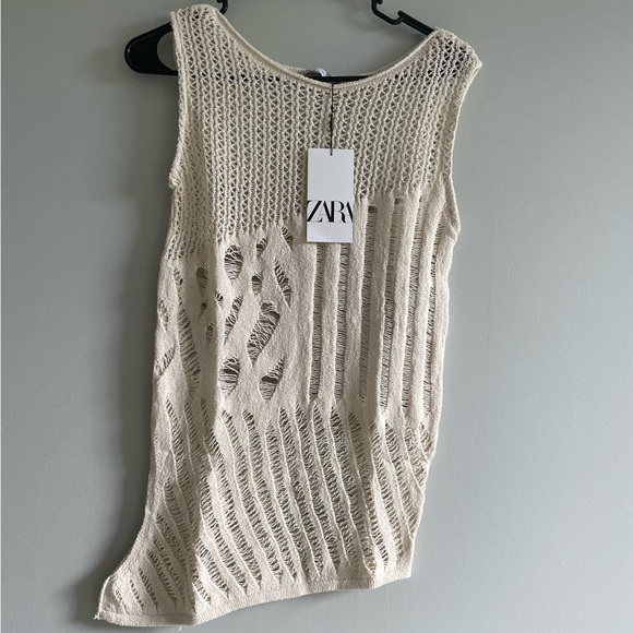ZARA Ecru Tan Open Knit Tank Top Size Medium NWT - Picture 3 of 7